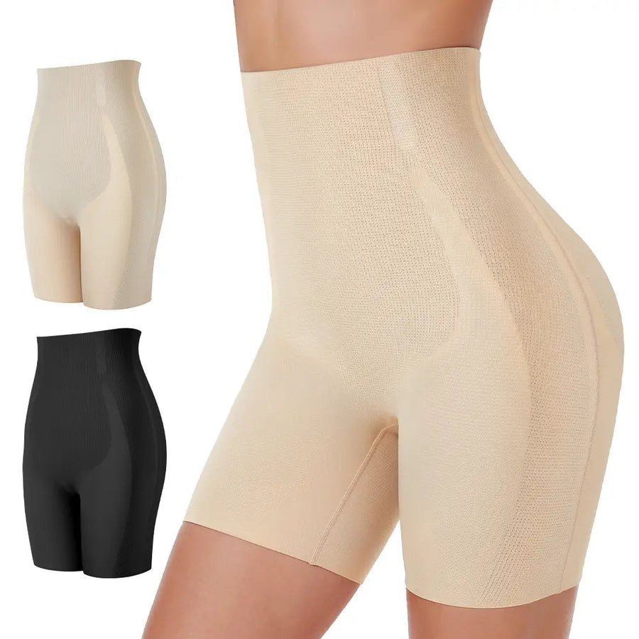 High waisted shapewear shorts showing waist slimming tummy control and waist hip shaping