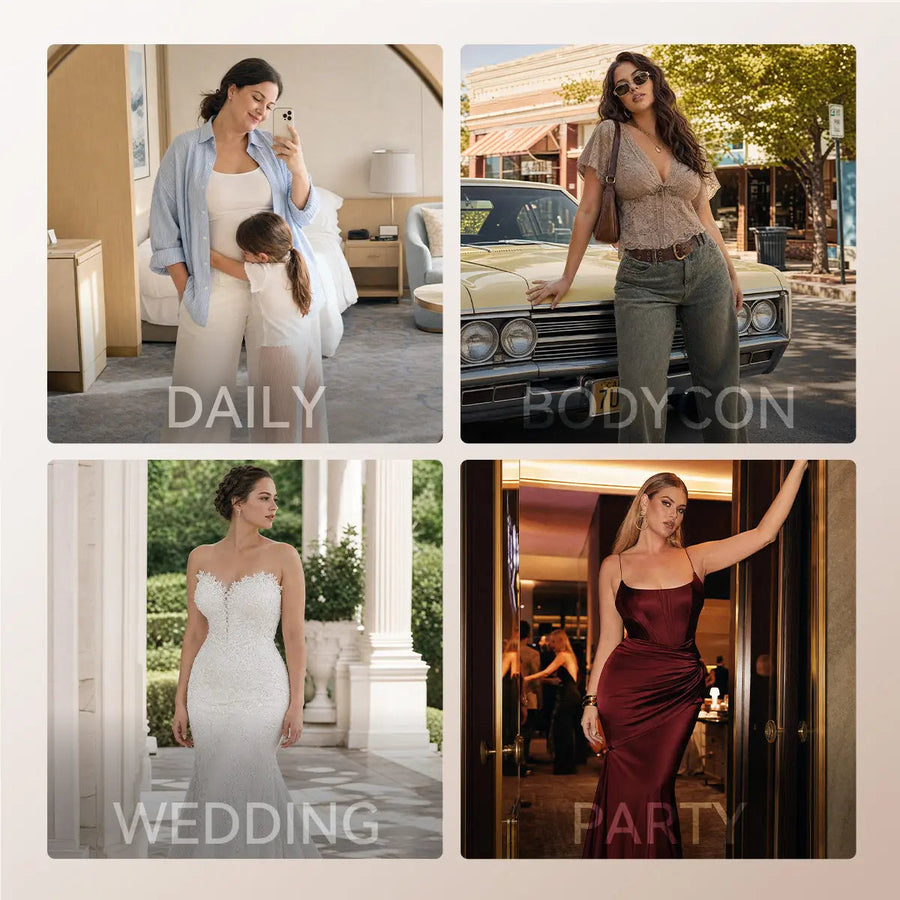 Women wearing fitted dresses suitable for high waist shapewear shorts